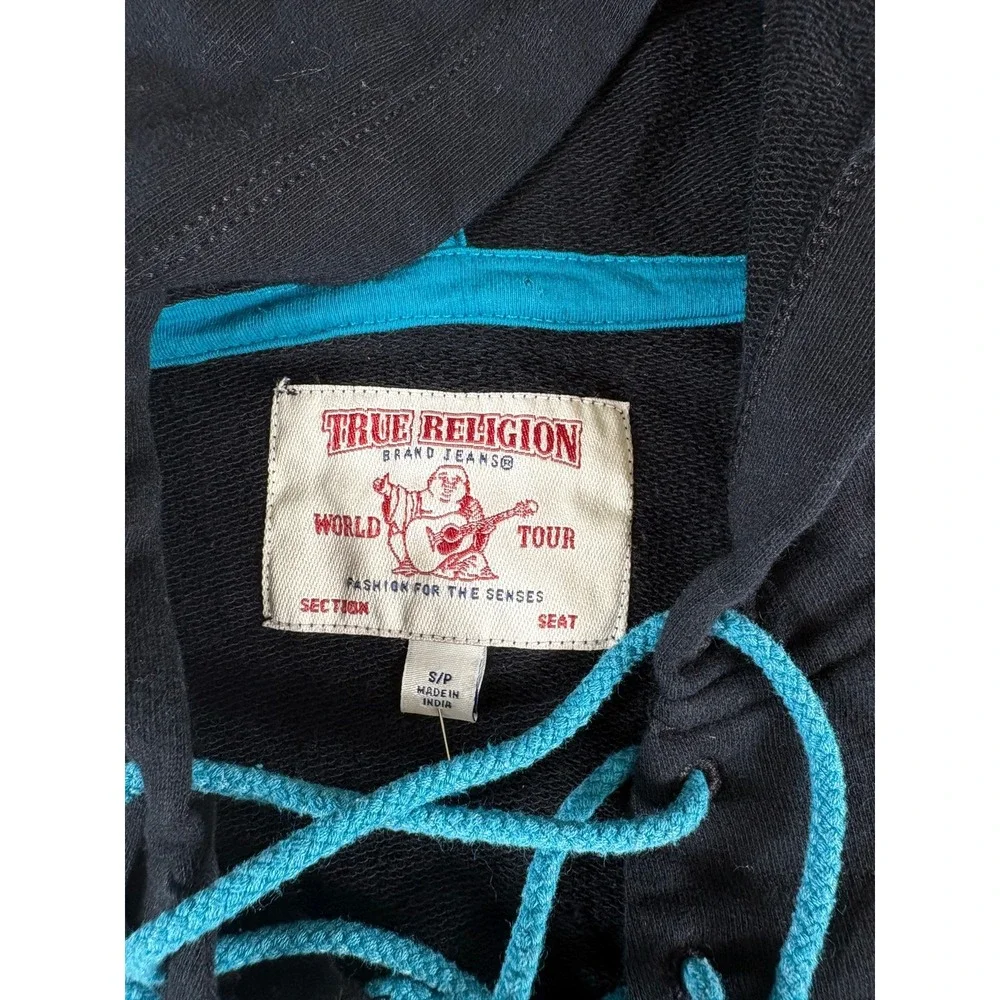 True Religion Hoodie Mens Small Black Turquoise Graphic Y2K Rugged Sleeveless